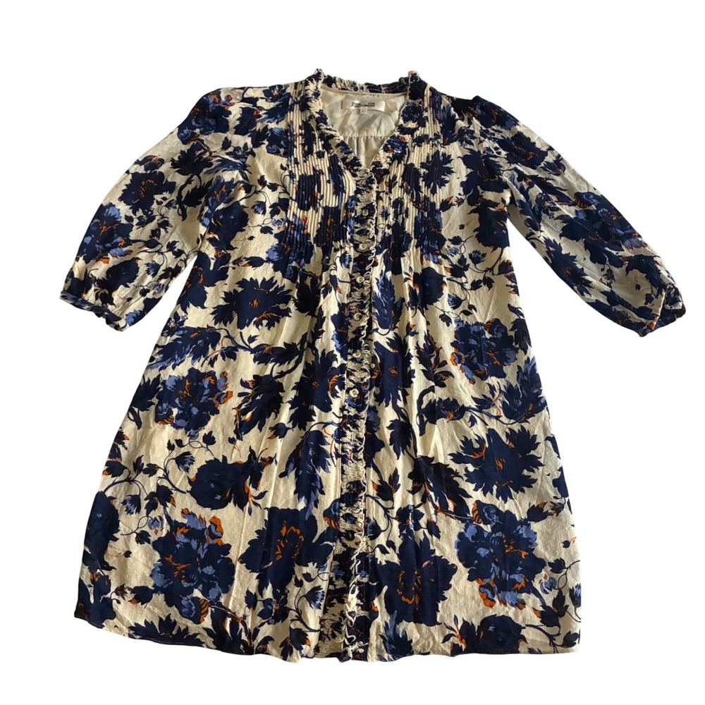 DVF Layla Shirt Dress Sz L Blue & Orange Floral Pintuck Boho Cottage Core - Picture 2 of 11